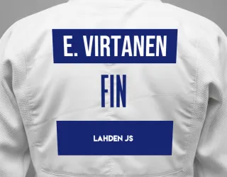 Judo GI with a backnumber showing the name Erica Virtanen from Lahden JS