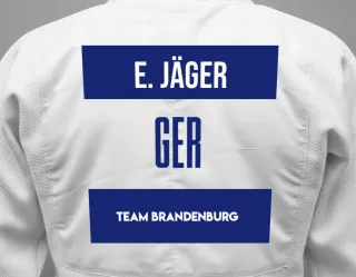 Judo GI with a backnumber showing the name Erik Jäger from Team Brandenburg