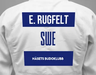 Judo GI with a backnumber showing the name Erik Rugfelt from Näsets Budoklubb