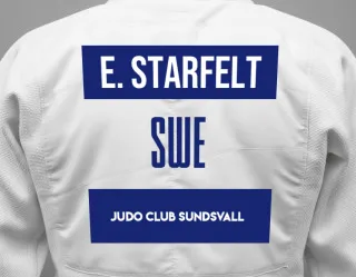 Judo GI with a backnumber showing the name Erik Starfelt from Judo Club Sundsvall