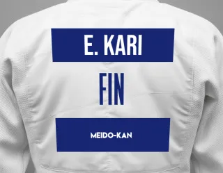 Judo GI with a backnumber showing the name Erkka Kari from Meido-Kan