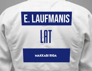 Judo GI with a backnumber showing the name Ernests Laufmanis from Makkabi Riga