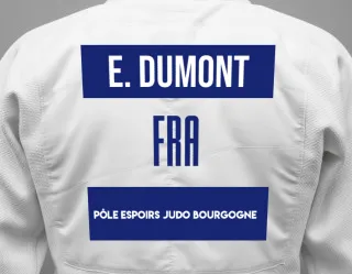 Judo GI with a backnumber showing the name Esteban Dumont from Pôle Espoirs Judo Bourgogne
