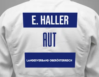 Judo GI with a backnumber showing the name Eva Haller from Landesverband Oberösterreich