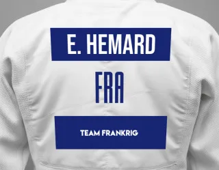 Judo GI with a backnumber showing the name Evan Hemard from Team Frankrig