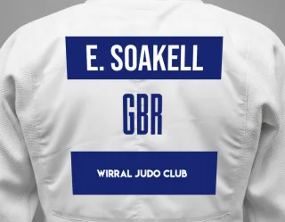 Judo GI with a backnumber showing the name Eve Soakell from Wirral Judo Club