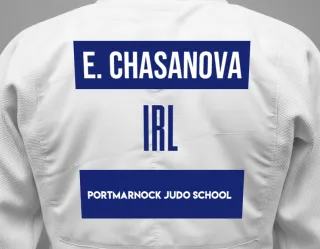 Judo GI with a backnumber showing the name Evelina Chasanova from Portmarnock Judo School