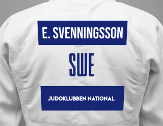 Judo GI with a backnumber showing the name Evelina Svenningsson from Judoklubben National