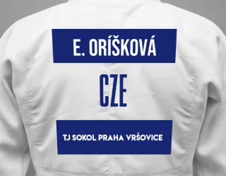 Judo GI with a backnumber showing the name Evelína Oríšková from TJ Sokol Praha Vršovice