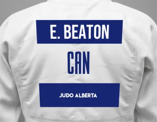 Judo GI with a backnumber showing the name Evelyn Beaton from Judo Alberta