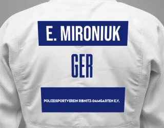 Judo GI with a backnumber showing the name Evgenii Mironiuk from Polizeisportverein Ribnitz-Damgarten e.V.
