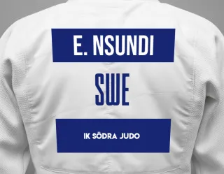 Judo GI with a backnumber showing the name Evielle Nsundi from IK Södra Judo