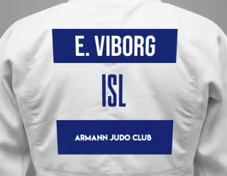 Judo GI with a backnumber showing the name Eyja Viborg from Armann Judo Club