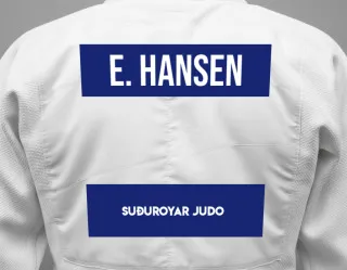 Judo GI with a backnumber showing the name Eyðstein Hansen from Suðuroyar Judo