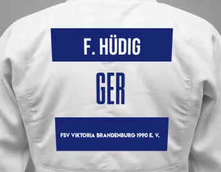 Judo GI with a backnumber showing the name Fabienne Hüdig from FSV Viktoria Brandenburg 1990 e. V.