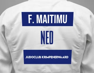 Judo GI with a backnumber showing the name Fee Maitimu from JudoClub Krimpenerwaard