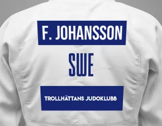 Judo GI with a backnumber showing the name Felix Johansson from Trollhättans Judoklubb