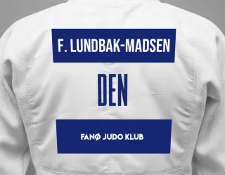Judo GI with a backnumber showing the name Felix Lundbak-Madsen from Fanø Judo Klub