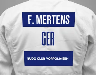 Judo GI with a backnumber showing the name Felix Mertens from Budo Club Vorpommern