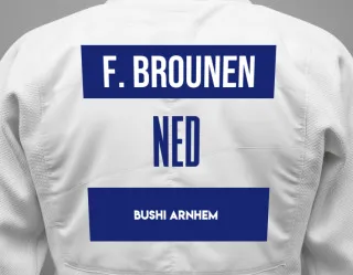 Judo GI with a backnumber showing the name Fem Brounen from Bushi Arnhem