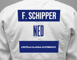 Judo GI with a backnumber showing the name Fenne Schipper from Judoteam Haagsma Bijsterbosch