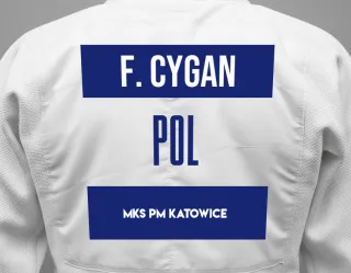Judo GI with a backnumber showing the name Filip Cygan from MKS PM Katowice