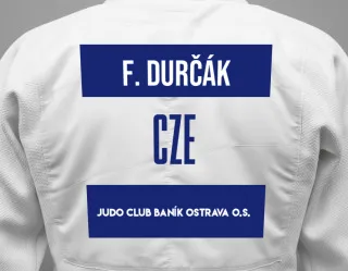 Judo GI with a backnumber showing the name Filip Durčák from Judo Club Baník Ostrava o.s.