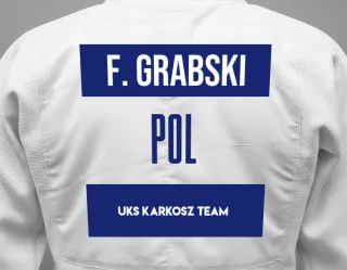 Judo GI with a backnumber showing the name Filip Grabski from UKS KARKOSZ TEAM