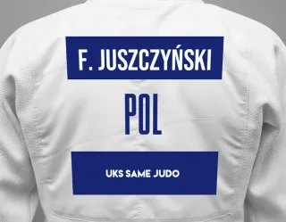 Judo GI with a backnumber showing the name Filip Juszczyński from UKS Same Judo