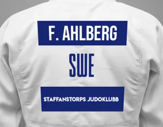 Judo GI with a backnumber showing the name Filippa Ahlberg from Staffanstorps Judoklubb