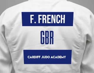 Judo GI with a backnumber showing the name Finley French from Cardiff Judo Academy