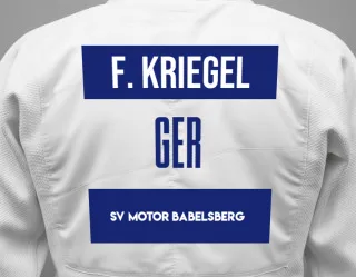 Judo GI with a backnumber showing the name Finnley Kriegel from SV Motor Babelsberg