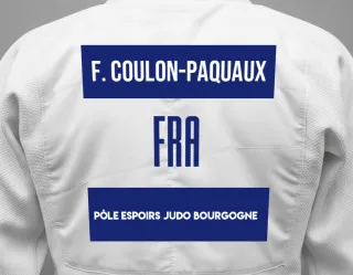 Judo GI with a backnumber showing the name Florian Coulon-Paquaux from Pôle Espoirs Judo Bourgogne