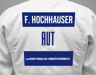 Judo GI with a backnumber showing the name Florian Hochhauser from Landesverband Oberösterreich