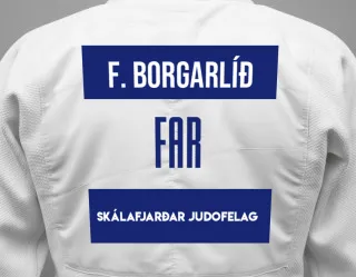 Judo GI with a backnumber showing the name Fríða Borgarlíð from Skálafjarðar Judofelag