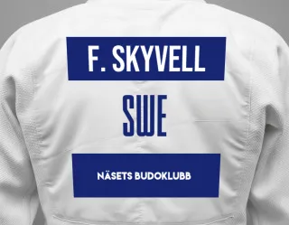 Judo GI with a backnumber showing the name Frans Blomberg Skyvell from Näsets Budoklubb