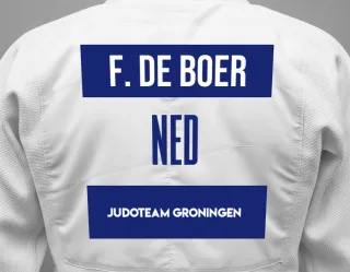 Judo GI with a backnumber showing the name Frans De Boer from Judoteam Groningen