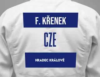 Judo GI with a backnumber showing the name František Křenek from Hradec Králové
