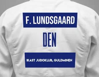 Judo GI with a backnumber showing the name Frederik Dichmann Lundsgaard from Ikast Judoklub, Guldminen