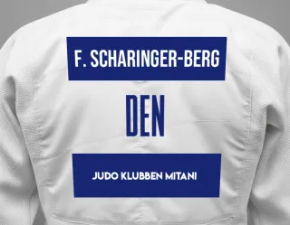 Judo GI with a backnumber showing the name Frederik Scharinger-Berg from Judo Klubben Mitani