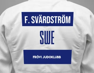 Judo GI with a backnumber showing the name Fredrik Svärdström from Frövi Judoklubb