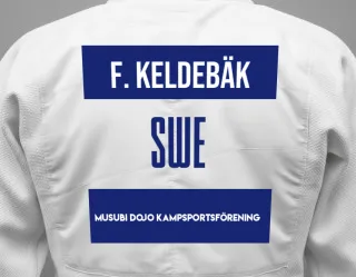 Judo GI with a backnumber showing the name Freja Keldebäk from Musubi Dojo Kampsportsförening