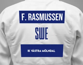 Judo GI with a backnumber showing the name Freja Rasmussen from IK Västra Mölndal