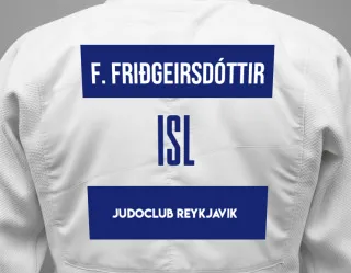Judo GI with a backnumber showing the name Freyja Friðgeirsdóttir from Judoclub Reykjavik