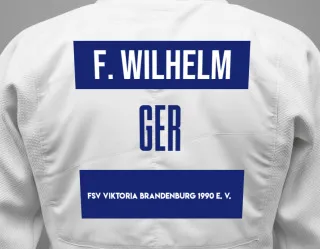 Judo GI with a backnumber showing the name Frieda Wilhelm from FSV Viktoria Brandenburg 1990 e. V.