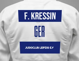 Judo GI with a backnumber showing the name Fritz Kressin from Judoclub Leipzig e.V
