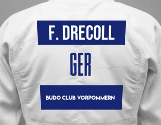 Judo GI with a backnumber showing the name Fynn Drecoll from Budo Club Vorpommern
