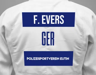 Judo GI with a backnumber showing the name Fynn Evers from Polizeisportverein Eutin