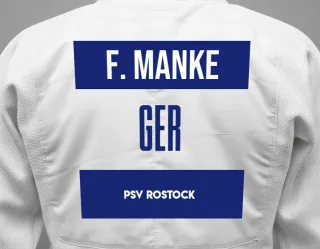 Judo GI with a backnumber showing the name Fynn Manke from PSV Rostock