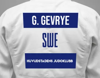 Judo GI with a backnumber showing the name Gabriel Gevrye from Huvudstadens Judoklubb
